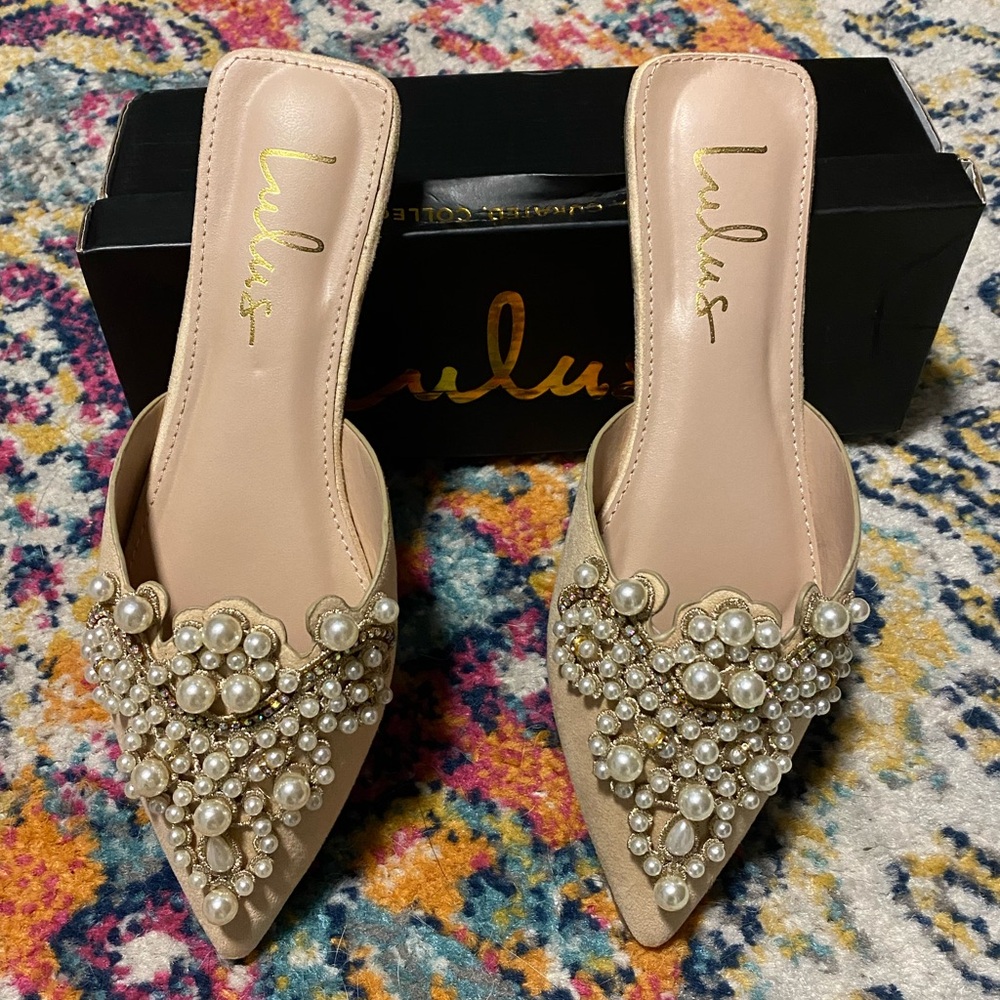 Embroidered pearl pointed toe beige flats
